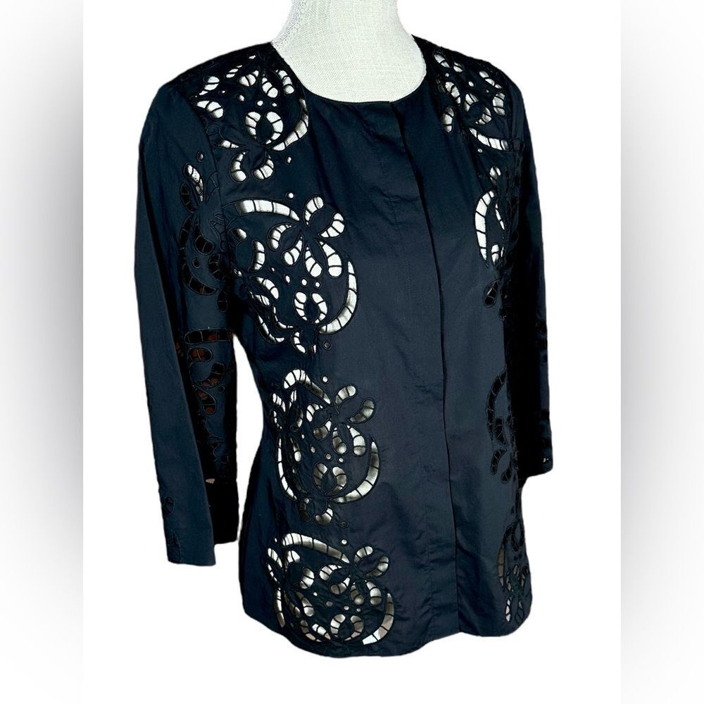 Theory Womens Black Eyelet Floral Embroidered Cotton Poplin Shirt - Picture 3 of 7